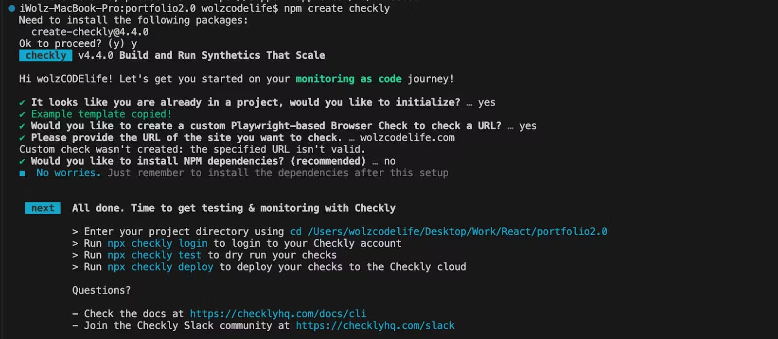 Checkly CLI project setup screenshot